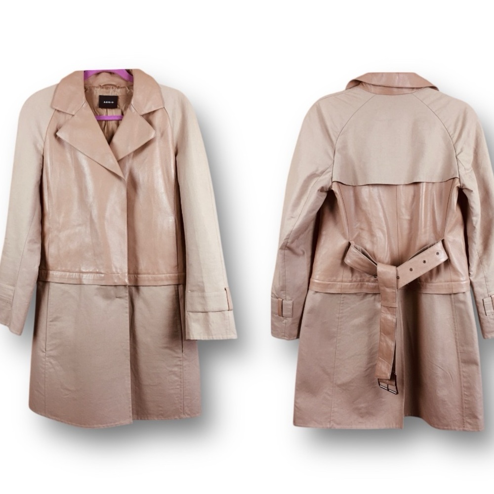 AKRIS Convertible 2in1 Lamb Leather & Cotton Trench-coat Jacket Desert Beige Sz6 - Picture 11 of 16